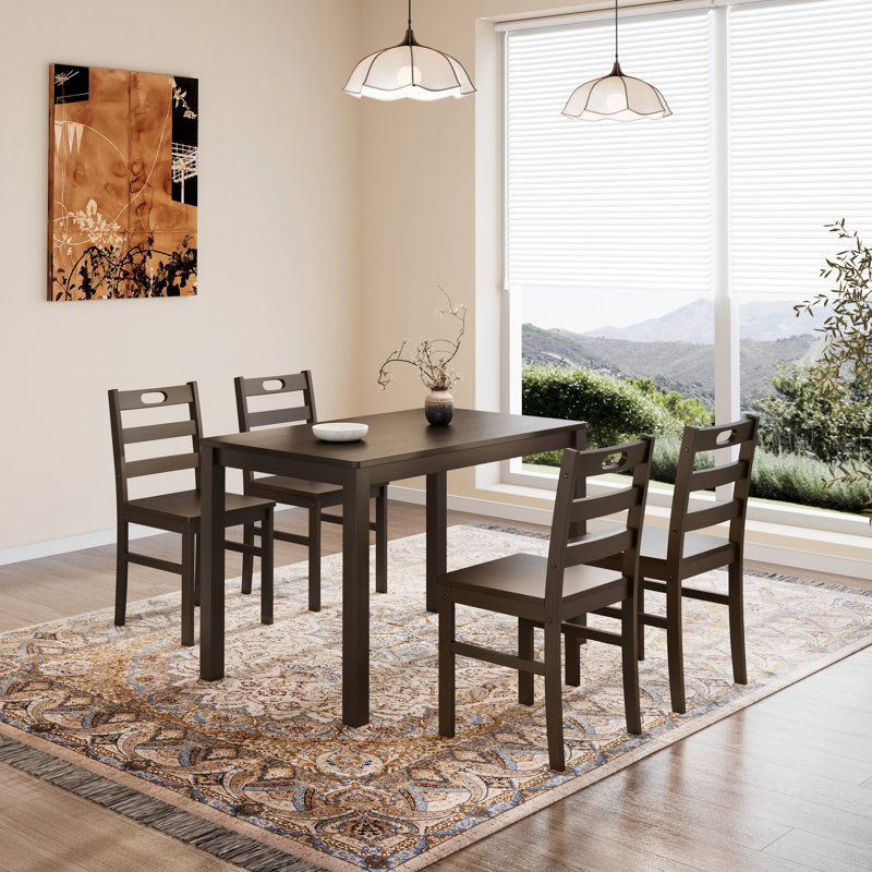 5-Piece Counter Height Dining Table Sets, Space-Saving Solid Wood Kitchen Dining Sets with 4 Slat Back Chairs, Dark Walnut