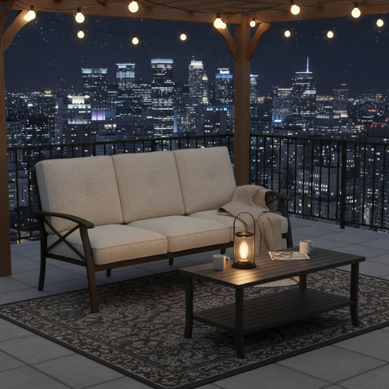2 Piece All-Weather Outdoor Patio Set with 70 Inch 3-Seat Sofa and Rectangular Coffee Table, Light Khaki, Black