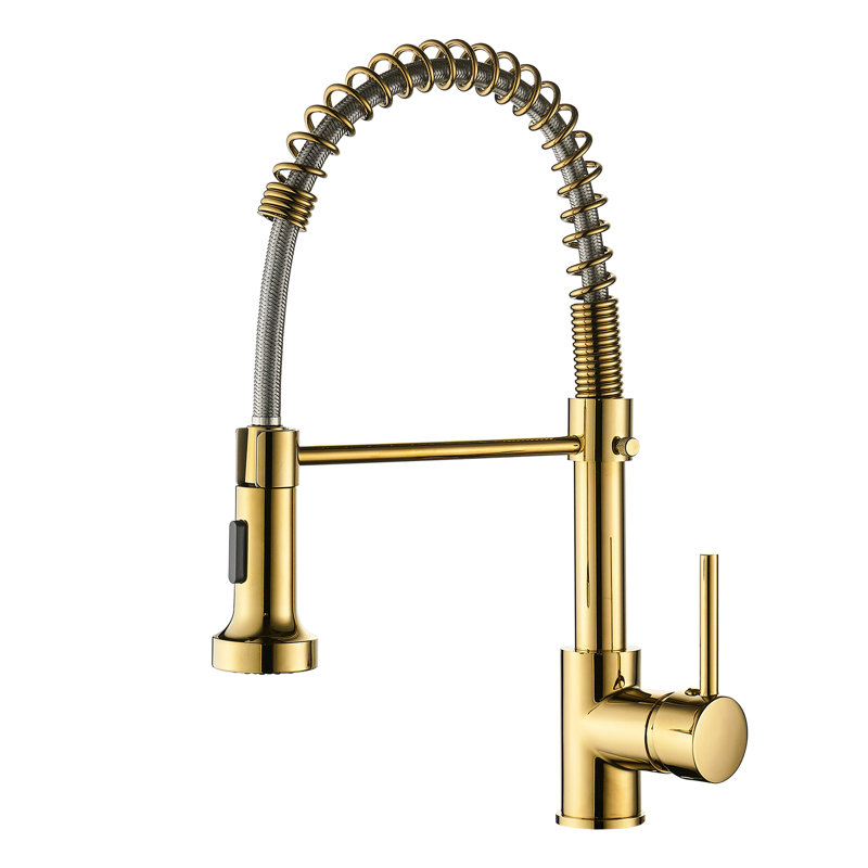 Robinet d'évier de cuisine Enticing Gold avec fonction rétractable, levier unique, bec rotatif à 360 degrés, option jet et jet, tête commerciale charmante en laiton, réglage de la poignée, rotation de la céramique