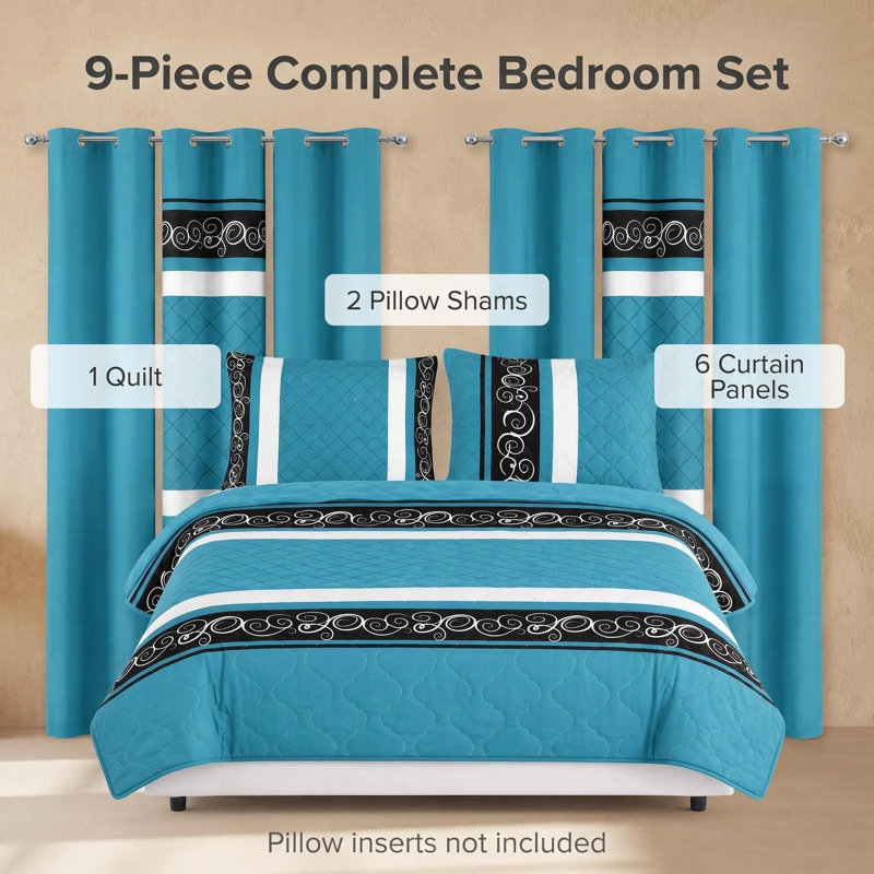 King Size 9-Piece Teal & Black Swirl Pattern Bedding & Curtain Set (King) - Quilted Microfiber Bedspread + Sheer Drapes