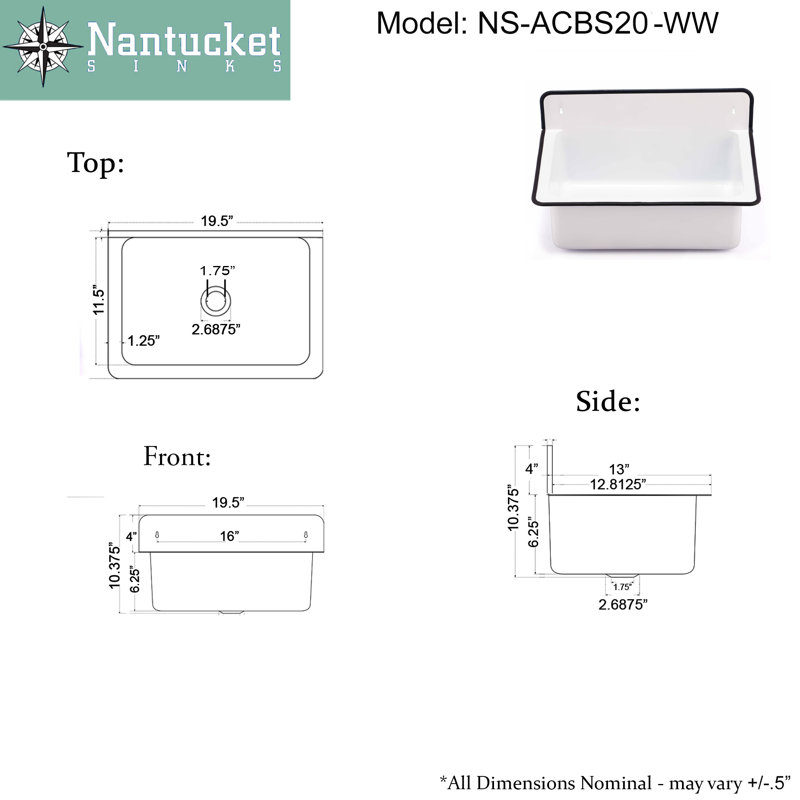 Anchor 19.5'' L x 13'' W Wall Mount Sink, White