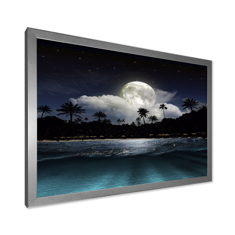 Bateau de pêche sous la pleine lune tropicale - photographie sur toile, H 16 po x l 32 po x p 1 po, Cadre photo argenté