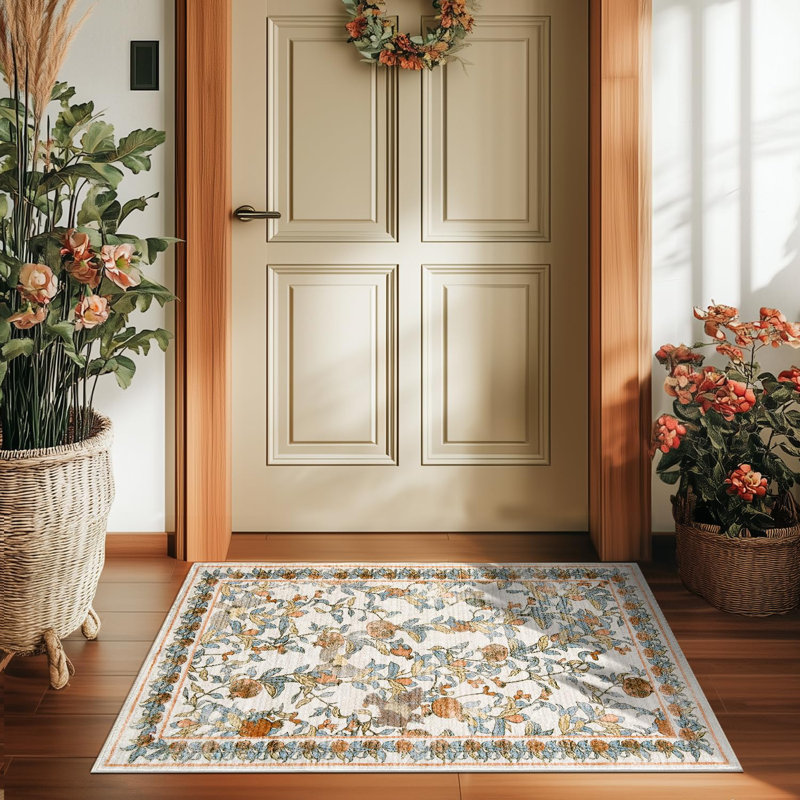 Eden Floral Rug Soft Vintage Fall Decor Washable Non-slip Distressed Orange, Distressed Orange, Rectangle 2' x 3'
