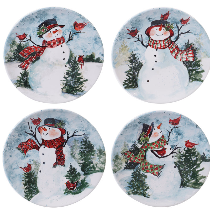 Certified International Watercolor Snowman  Set/4 Dinner Plate 11" Asst.