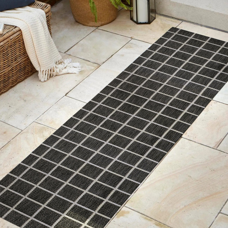 Garnavillo Grid Modern Squares Black/Cream Indoor/Outdoor Rug, Runner 2' x 8'