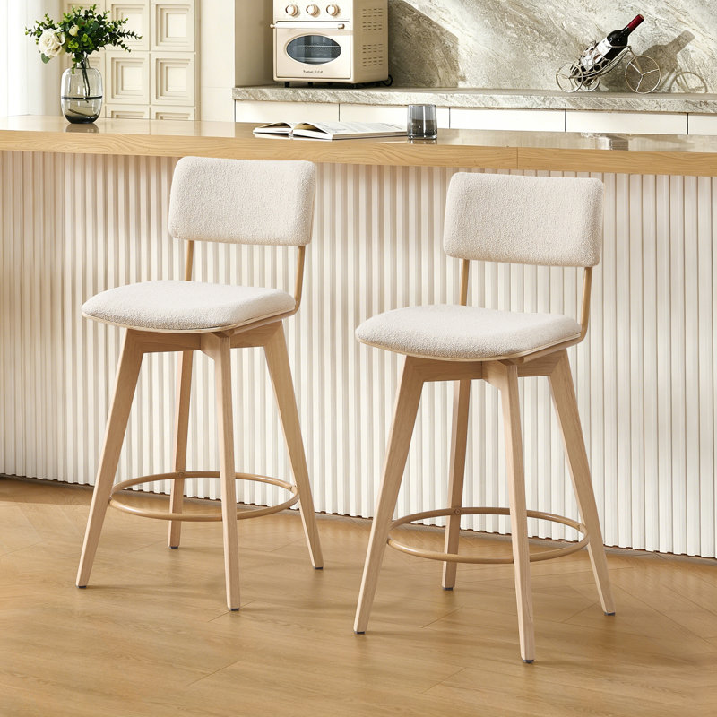 Della 26" Mid-Century Modern Linen Upholstered Swivel Counter Stools with Curved  Seat and Back, Natural