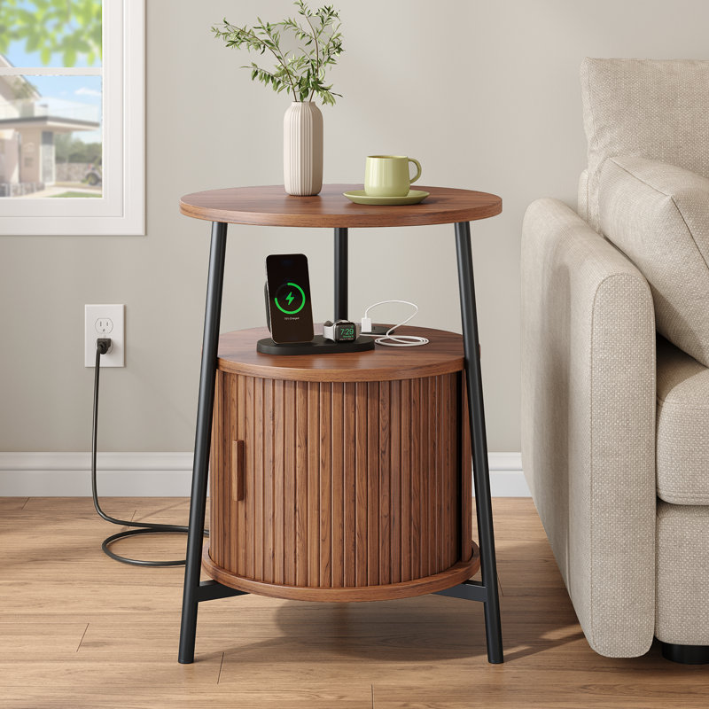 Table de bout ronde 23,8 po avec station de charge et porte tambour coulissante, table d'appoint cannelée avec rangement, 1