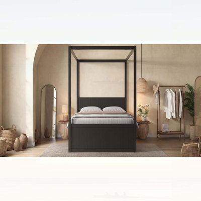 Full Size Canopy Platform Bed with Twin Trundle, 3 Storage Drawers, and Vertical Slatted Headboard in Black