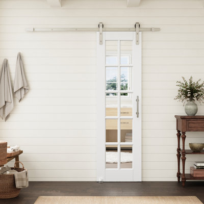 24"x80" 10-Lite Clear Glass Prefinished Standard Slab Door With Nickel Barn Door Hardware Kit For Pantry
