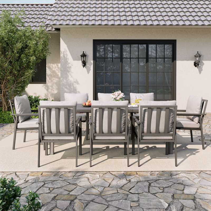 Merrill 9-Piece Gray Aluminum Patio Dining Set With Rectangular Table And Light Gray Cushions