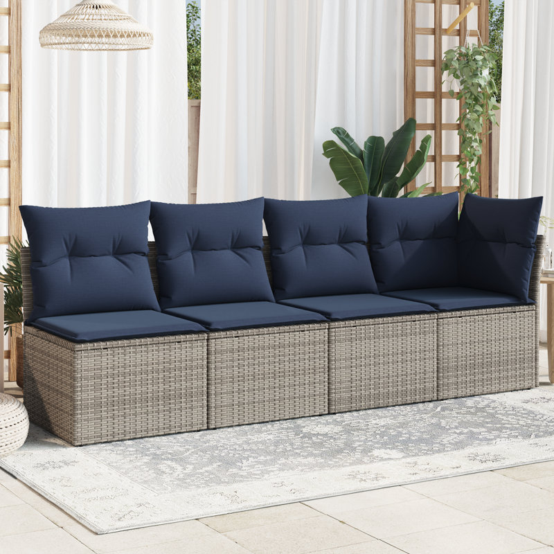 vidaXL Garden Sofa with Cushion Grey 227 x 62 x 69 cm Poly Rattan, Navy Blue Cushion/ Gray Frame, 4