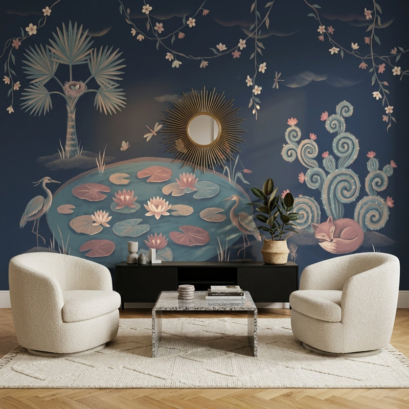 Papier peint paysage fantaisiste, fond bleu marine foncé, étang avec nénuphars, fresque murale, 100"x96", Non-Woven Nonpasted