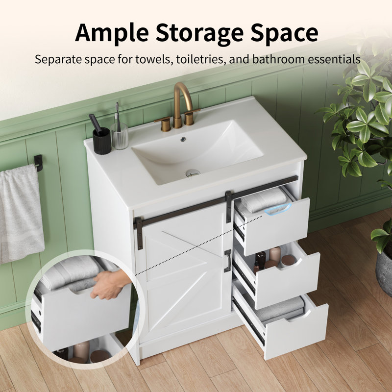 30" Single Bathroom Vanity In White With Porcelain Integrated Sink Top, White
