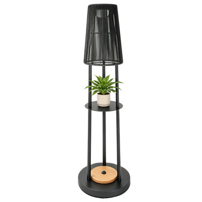New‑Chinese Style Solar & USB Rechargeable Wicker Outdoor Floor Lamp with Plant Shelves, IP65 Waterproof Gray Woven Shade, 10‑12H Runtime for Porch, Garden & Courtyard Decor