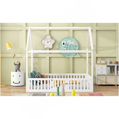 Full Size Wood House Bed With Fence And Door, White