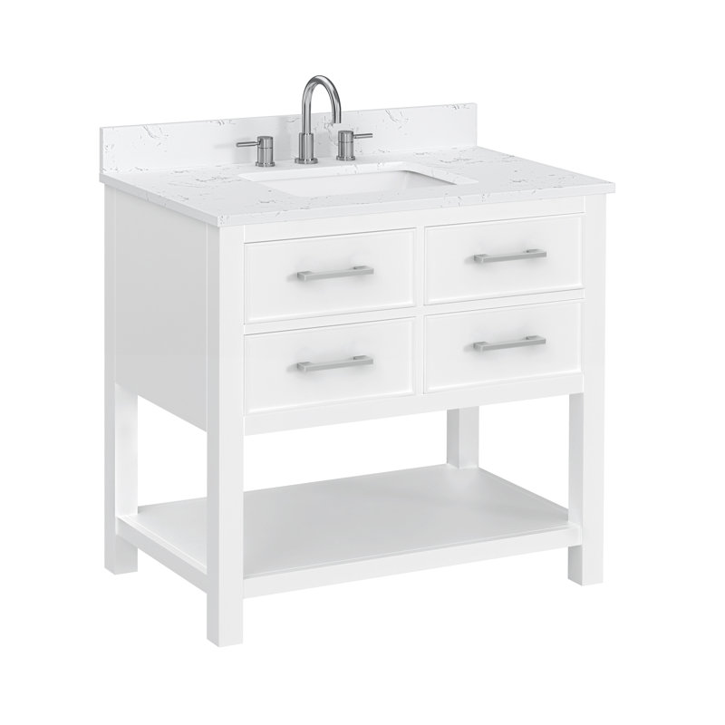 Brooks 37'' Single Bathroom Vanity with Engineered Marble Top, Nickel, White