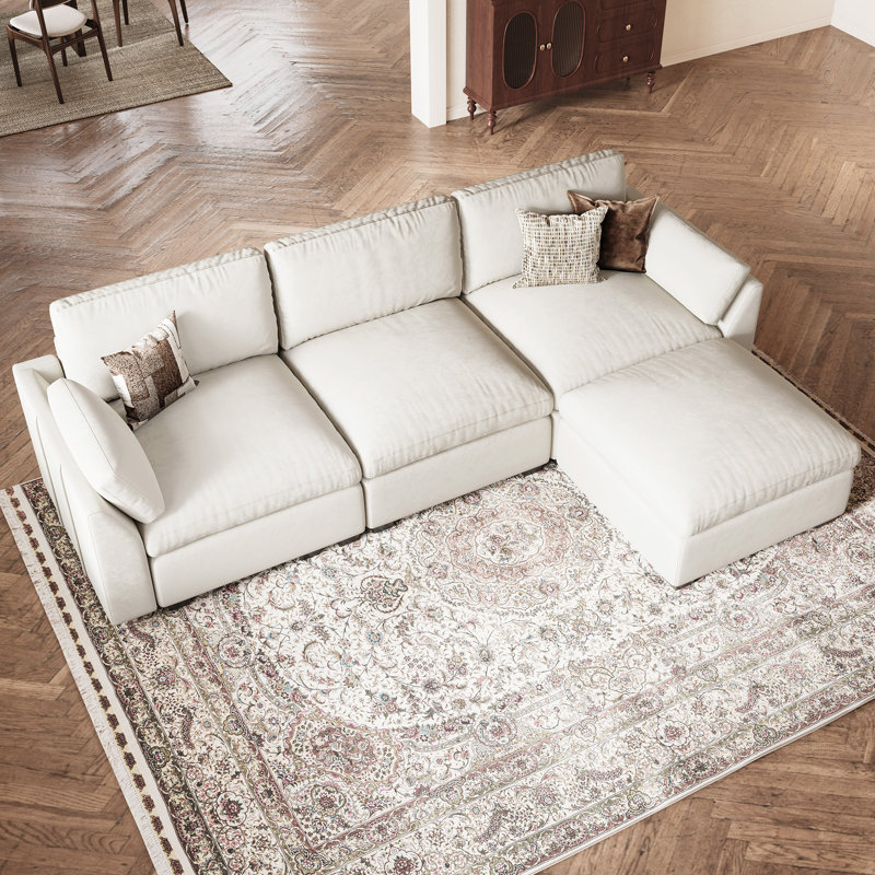 Velvet & Plush Modular Sectional Sofa L-Shaped Solid Wood Sofa with Ottoman, Beige Velvet