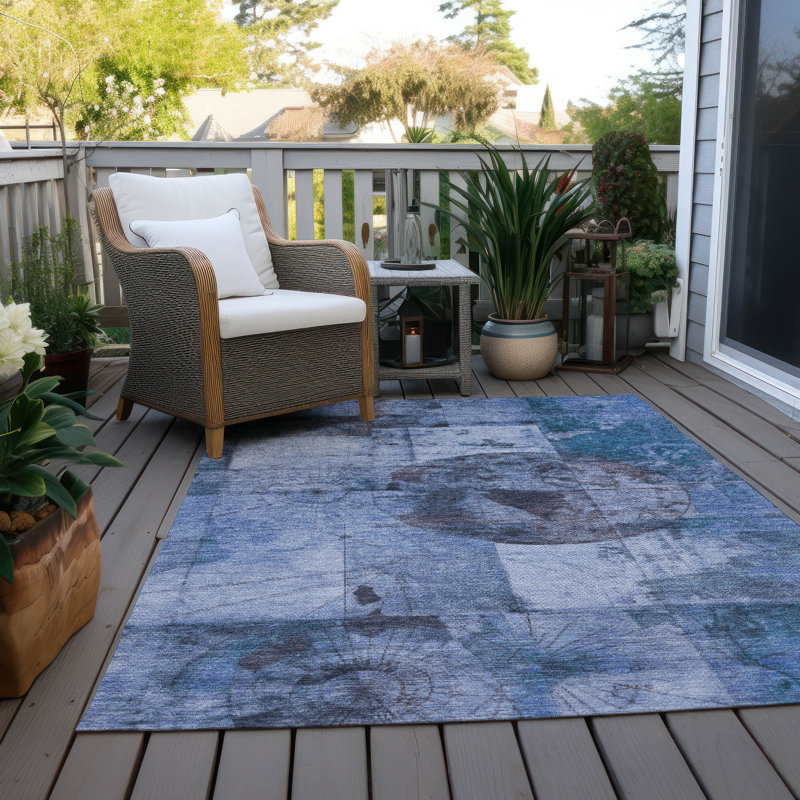 Tapis bleu intérieur / extérieur lavable à la machine Xhevrie, Rectangulaire 3 pi x 5 pi