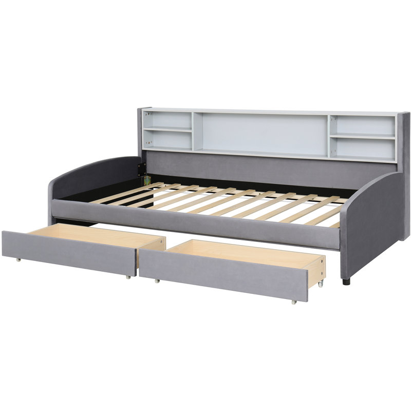 Lit plateforme tapissier simple avec rangement en velours gris et tiroirs - Velours, fonctionnel, Gris