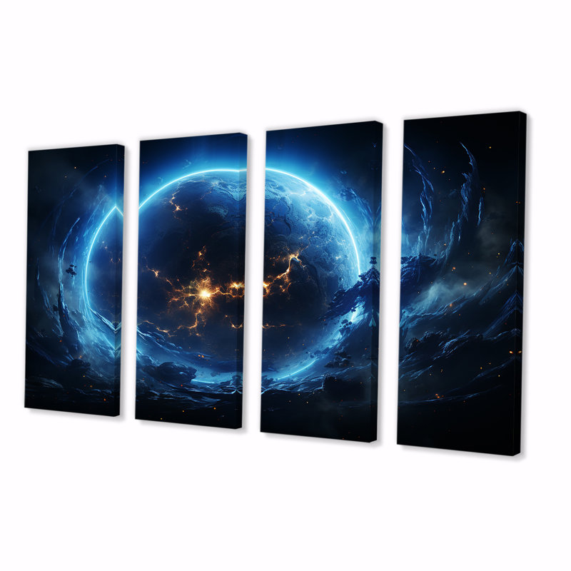 4 pièces d'art mural blanc et bleu avec espace cosmique, H 28 po x l 48 po