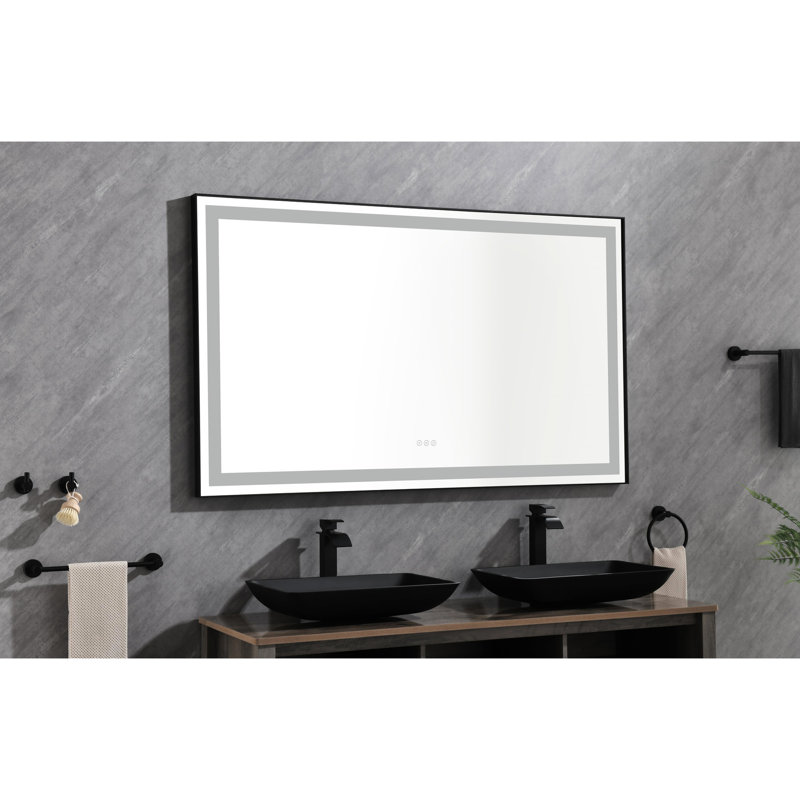 Miroir de salle de bain 72 po x 48 po, fixation murale, fonction brouillard, 3 couleurs, éclairage réglable en continu, cadre en aluminium, miroir noir mat pour la salle de bain, brouillard, température de couleur, intensité variable,