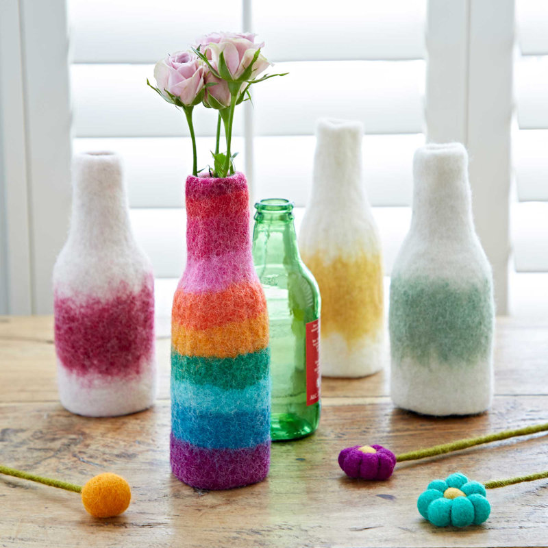 Wool / Felt Decorative Bottle, White/Green