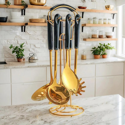 7-Piece Stainless Steel Kitchen Utensils Set With Holder | Plated Cooking Utensils Accessories Including Soup Ladle, Slotted Spoon, Spatula & Pasta Spoon | Ceramic Handles For Elegant & Organized Kitchen