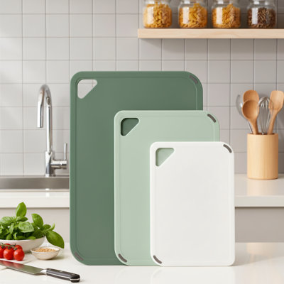 Plastic Cutting Board Set (3 Pieces), BPA-Free, Non-Slip, Double-Sided, With Handles, Machine Washable, Suitable For Cooking And Camping. Green/Dark Gray, 15.01 X 10.01 X 0.6 Inches.