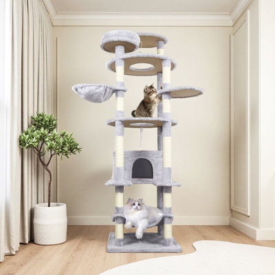 78.8 In Light Grey Cat Tree Tower With Wide Base, Large Condo,  12 Sisal Scratching Post, Big Hammock,  Large Top Platform, Many Landing Perch And Interactive Toy