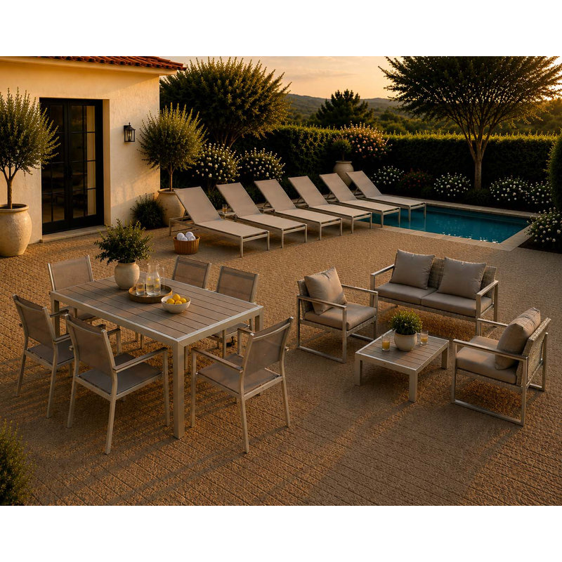 Chester 17-Piece Modern Outdoor Dining & Lounge Set – Complete Aluminum Patio Furniture Collection, 6 Loungers & Matching Furniture And Umbrella Hole Dining Table