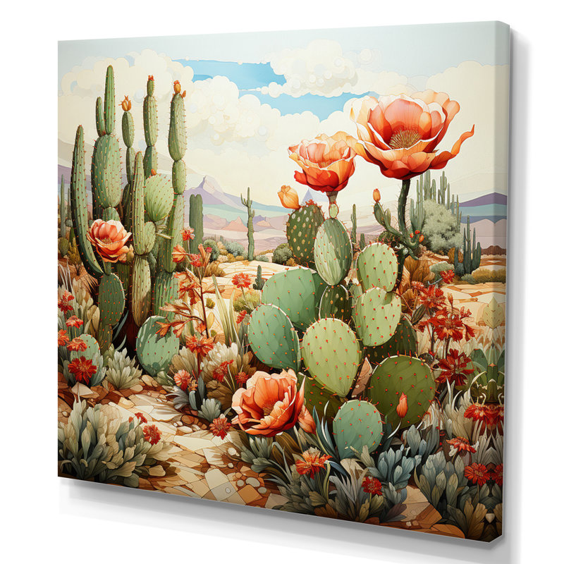 Corail vert cactus désert pointillisme III - art mural de cactus pour le salon, Toile tendue, H 36 po x l 36 po x P 1,5 po