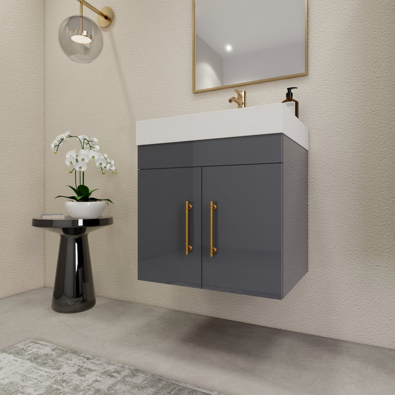 23.6" Wall-Mounted Single Bathroom Vanity Set, Glossy Gray