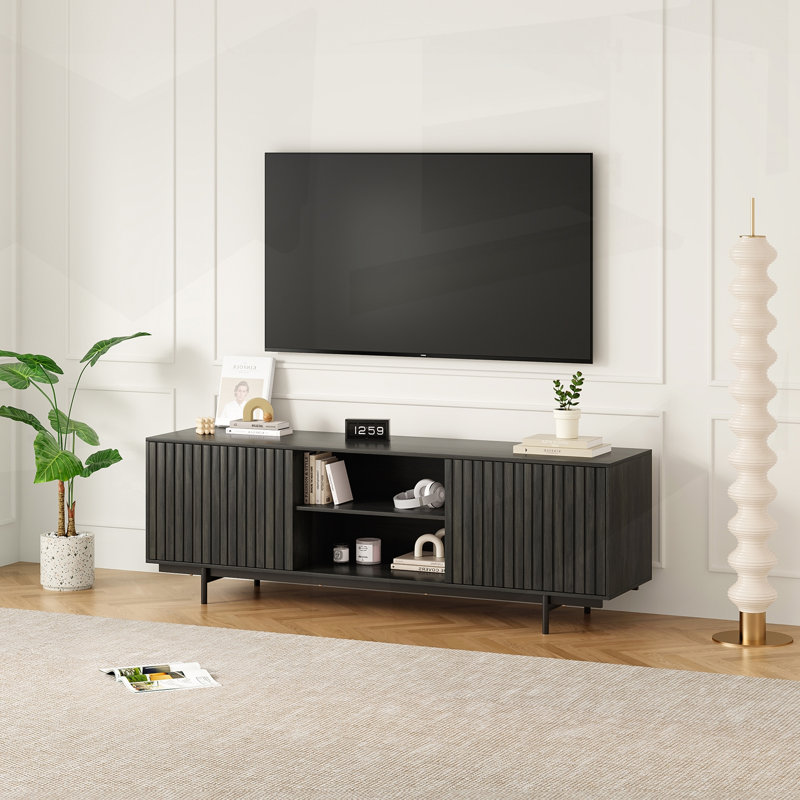 Meuble télé Mid-Century moderne avec portes escamotables, conception cannelée de style campagnard, rangement spacieux pour téléviseurs de 75 po ou moins