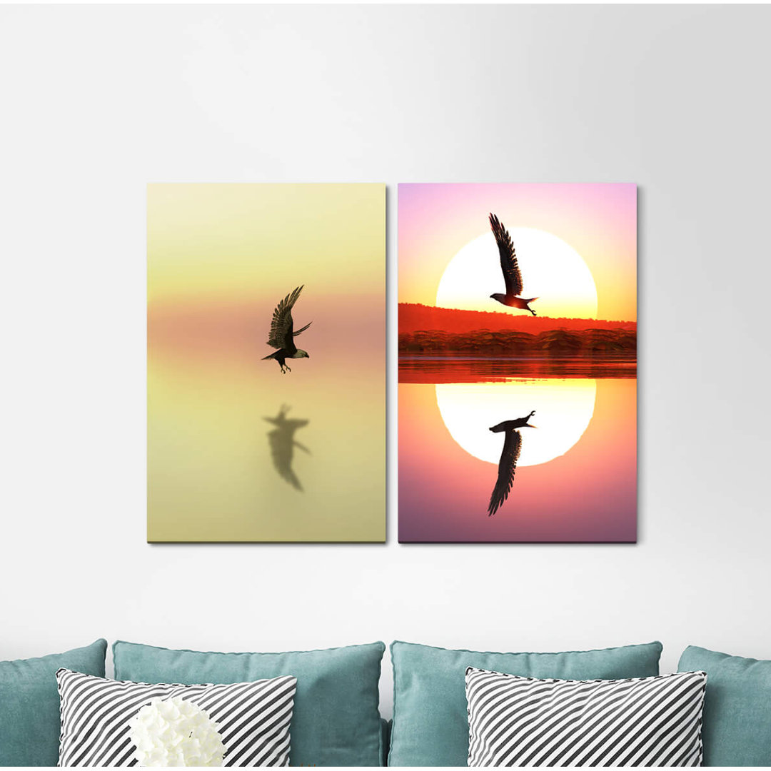 2-tlg. Leinwandbilder-Set - Fotografie „Freedom Sun Birds Eagle Bald Eagle Sunset Harmony”