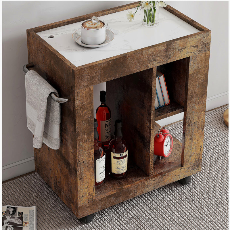 Armoire latérale de canapé de style médiéval et mobile, armoire de rangement pour chariot à main brune et tablette, idéale pour les salons.
