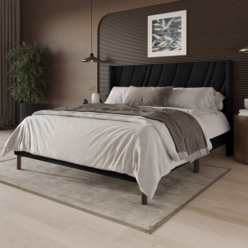 Velvet Platform Wingback Bed, Black, Queen