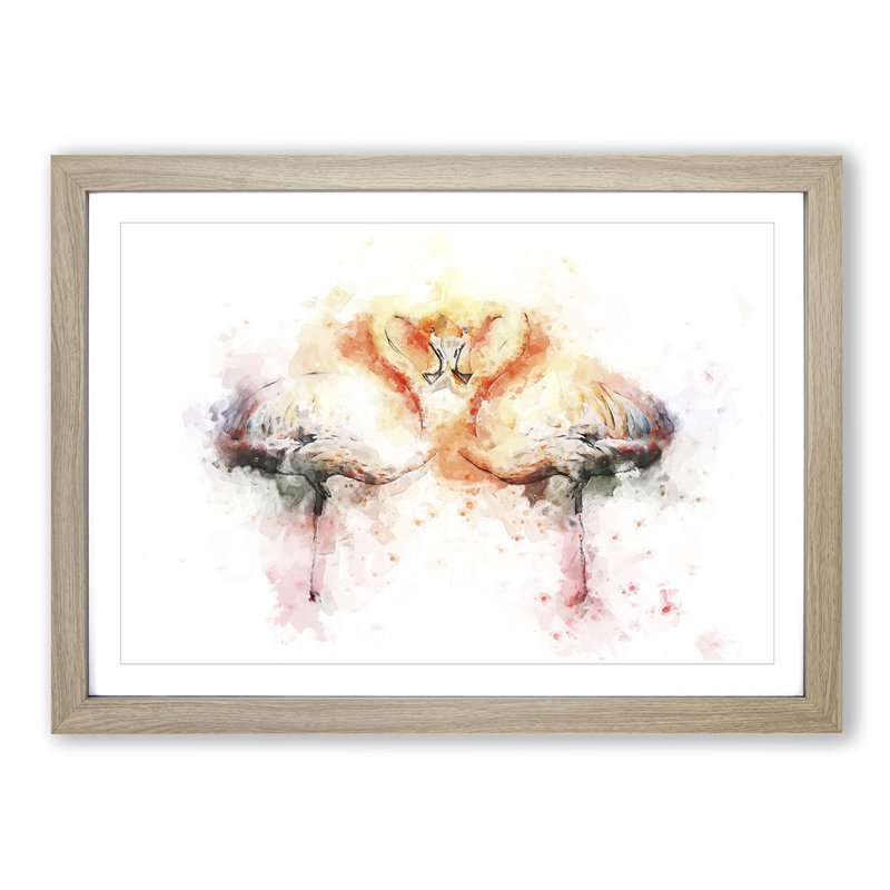 Pink Flamingo in Abstract - Picture Frame Painting Print, 60cm H x 91cm W x 2cm D, Oak