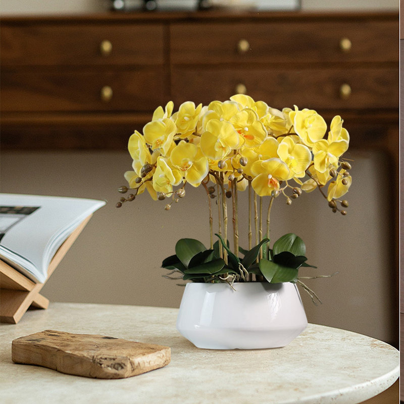 Fleur d'orchidée artificielle avec vase, Jaune