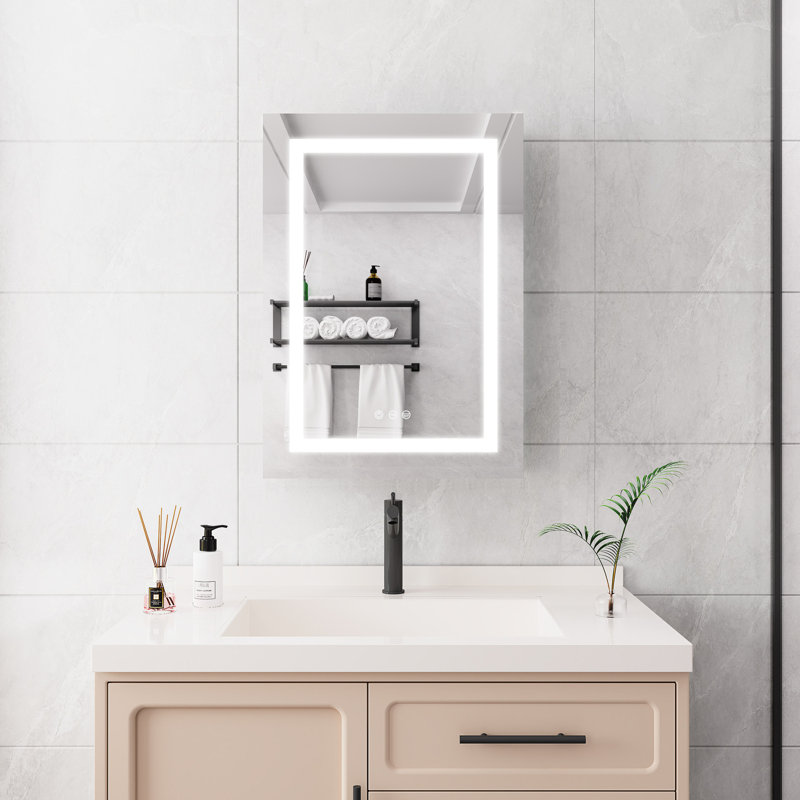 Armoire de salle de bain à miroir 20 po x 28 po à fixation murale. Brouillard, imperméable, à intensité variable. 3000k ~ 6000k, interrupteur tactile, porte simple, tablette de rangement à intensité variable, 3000k 6000k, thermolaqué