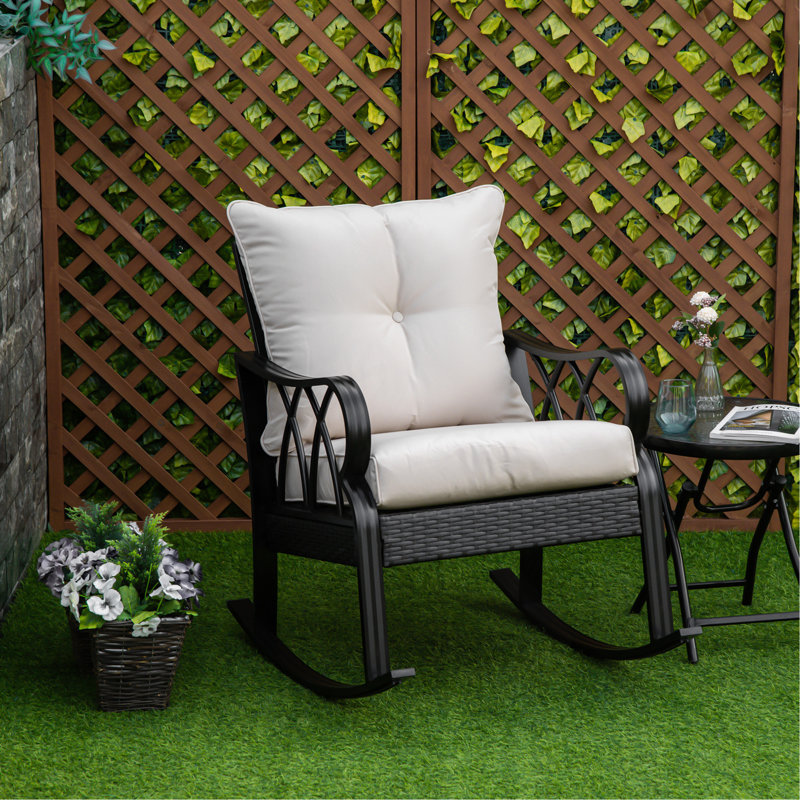 Outdoor Wicker Rocking Chair with Padded Cushions, Aluminum Furniture Rattan Porch Rocker Chair w/ Armrest for Garden, Patio, and Backyard, Khaki