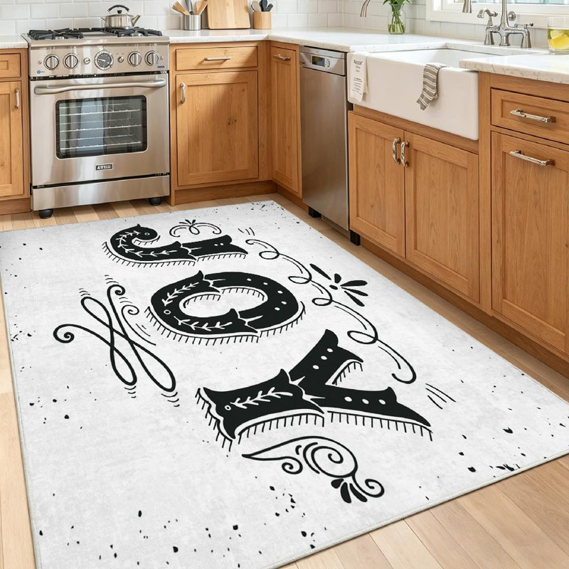 Tapis intérieur noir lavable à la machine, motif rétro « Joy Merry Christmas », avec tapis de Noël., Rectangle 39" x 63"
