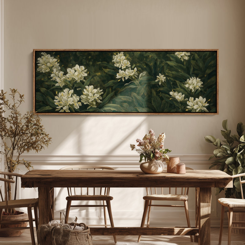 Art mural encadré sur toile - Arbustes botaniques classiques avec des fleurs blanches dans des tons de vert foncé - 16 po x 24 po, 24 po x 36 po