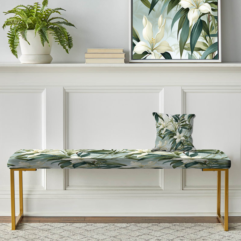 Plants Upholstered Gold Bench, Bamboo Whispers