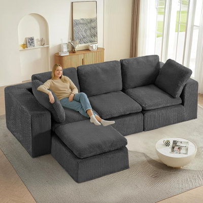 Cloud Sectional Couches For Living Room, Modular L-Shaped Sofa With Ottoman, Corduroy Sleeper Sofa Bed, No Assembly Compression Memory Foam Couch