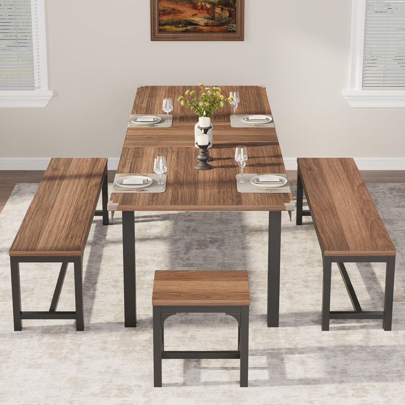 6-8 Person Extendable Dining Table Set, Rectangle Table, 2 Long and 2 Short Benches, Walnut Wood Top, Walnut/Black
