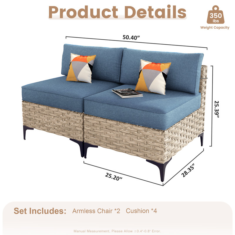 Wicker Outdoor Patio Sofa Set With Cushions, Denim Blue