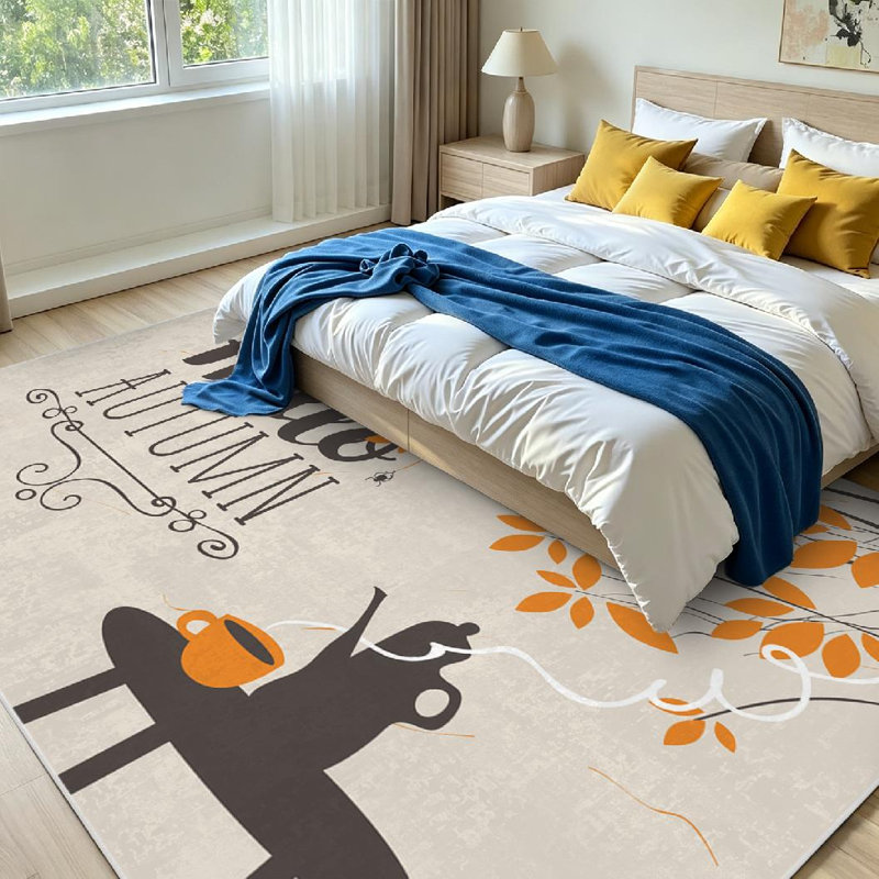 Tapis intérieur orange lavable à la machine, style rétro automnal, motif paysage, avec motif paysage., Rectangle 71" x 98"