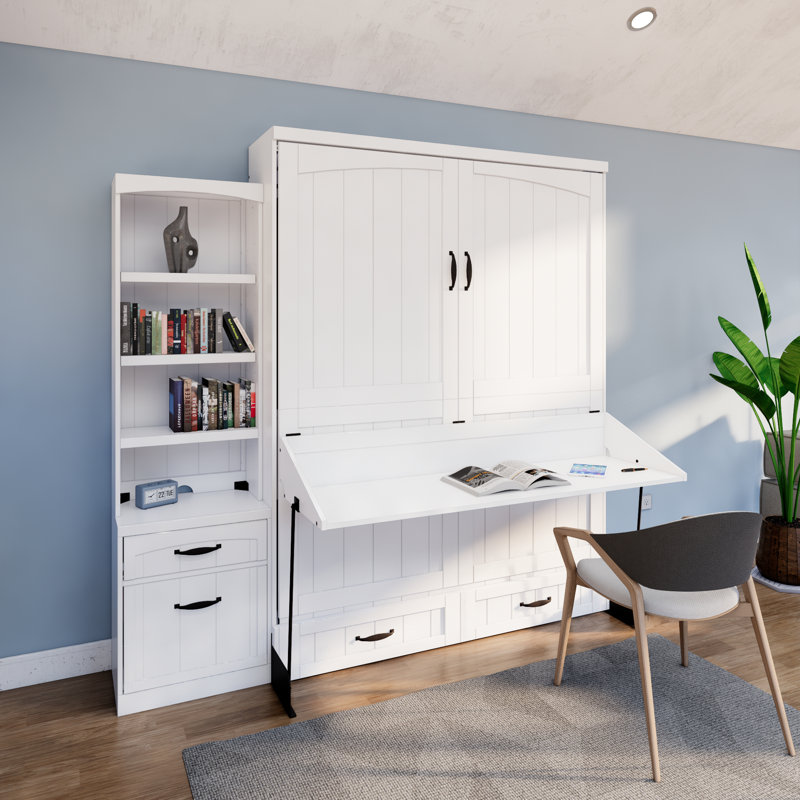 Grand lit plateforme avec rangement en bois massif Junxi, Blanc