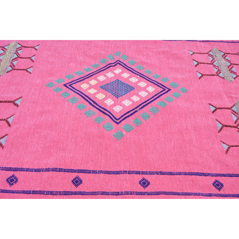 Tapis unique en soie / laine noué à la main 3 pi 8 po x 6 pi 6 po rose / bleu / blanc