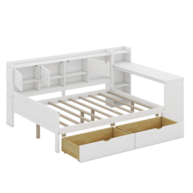 Wooden L-Shape Daybed With Cabinets And Drawers, Desk And Built-In Bookshelf, White